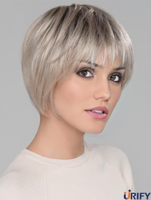 Platinblond mit Pony Gerade 6 Zoll kurze Monofilamen Crown Perücken