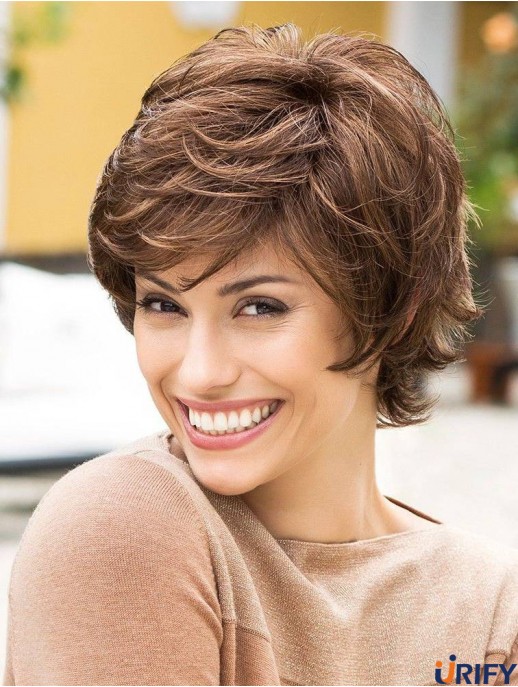 Kurze Monofilament Perücken Layered Cut Short Length Wavy Style Braune Farbe