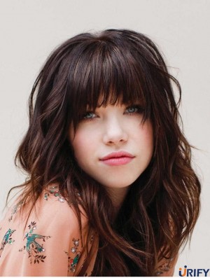 Langes Haar Carly Rae Jepsen Perücke Mit Pony Braune Farbe Welliger Stil