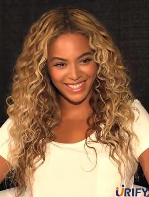 Lange Monofilamentcurly synthetische blonde schlanke  Perücke