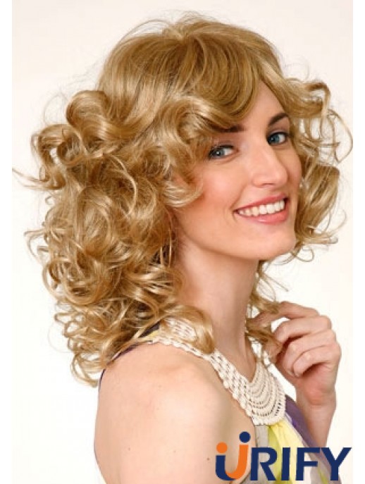 Layered Blonde Curly Schulterlänge 16 Zoll Durable Medium Perücken