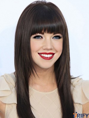Menschenhaar Carly Rae Jepsen Perücken 100% handgebundene schwarze Farbe mit Pony
