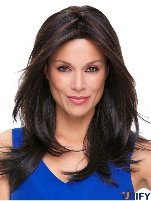 Top Black Straight Layered Monofilament Long Perücken