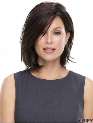 Kinnlänge gerade mit Pony Schwarz Trendy 100% handgebundene Perücken