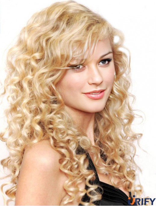 100% handgebunden mit Pony Curly Long Blonde Stylish  Perücken