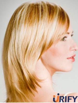 Schulterlange gerade geschichtete billigste blonde Spitze vorne Perücken
