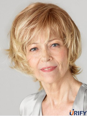 Schulterlange gewellte geschichtete blonde blonde unglaubliche 100% handgebundene Perücken