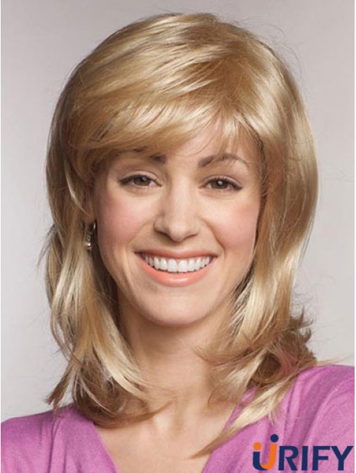 Gerade mit Pony Schulterlange Blond Beliebte Spitze Front Perücken