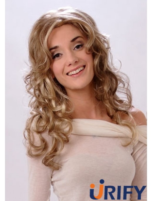 Flexibilität Blond Wellig Mit Pony Monofilament Lange Perücken