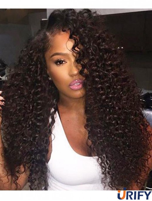 Curly Remy Echthaar 20  inchohne Pony Black 360 Lace Perücken