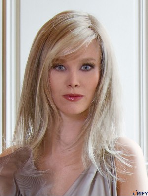 Lange gerade mit Pony Blonde Schlanke 100% handgebundene Perücken