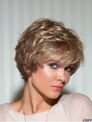 Kurze gewellte geschichtete blonde blonde 100% handgebundene Perücken