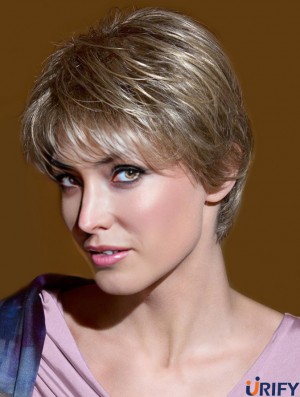 Kurze gerade geschichtete blonde Frisuren 100% handgebundene Perücken
