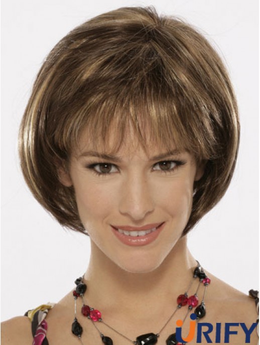 Capless Chin Länge gerade braune Top Bob Perücken