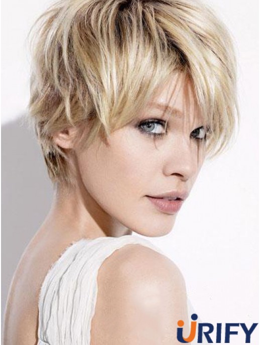 Kurze blonde Perücken mit kappenlosen geraden Boycuts