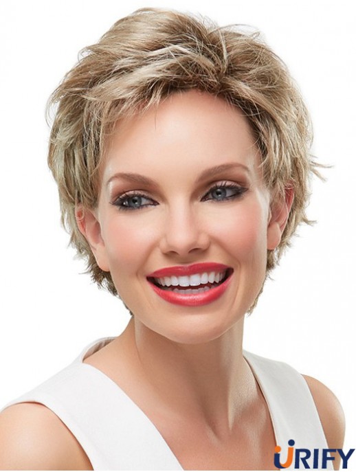 8 Zoll bequeme gewellte geschichtete blonde kurze Perücken