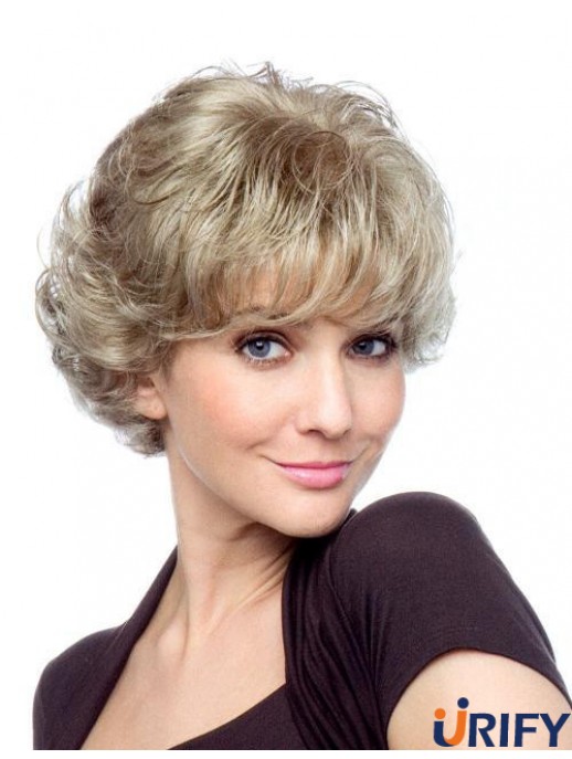 Curly With Bangs Kurze, erschwingliche, blonde, synthetische Perücken