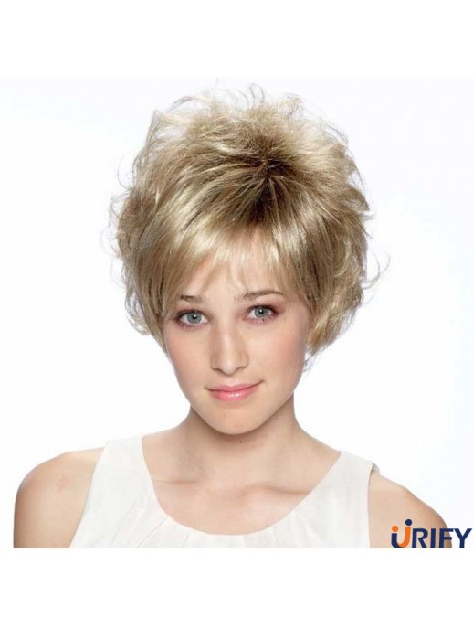 8 Zoll hochwertige lockige geschichtete blonde kurze Perücken