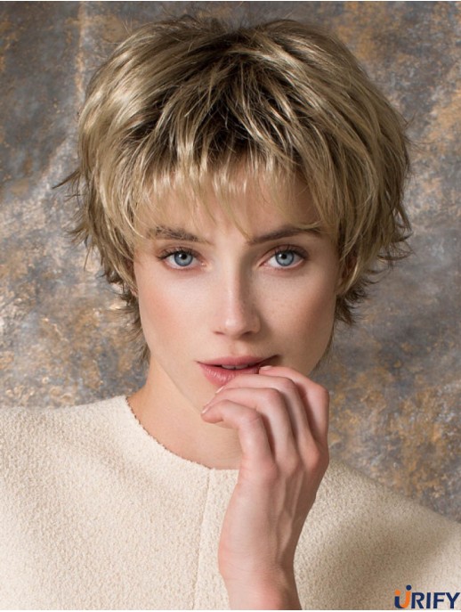 8 Zoll schlanke gerade geschichtete blonde kurze Perücken
