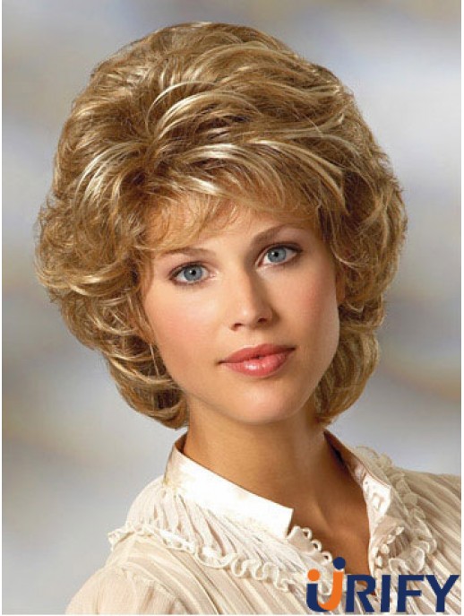 Curly Blonde Perücke Classic Cut Kinn Länge Mit Capless