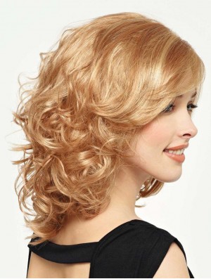 Lockige Perücke Mit Pony Schulterlange Blonde Farbe Mit Capless
