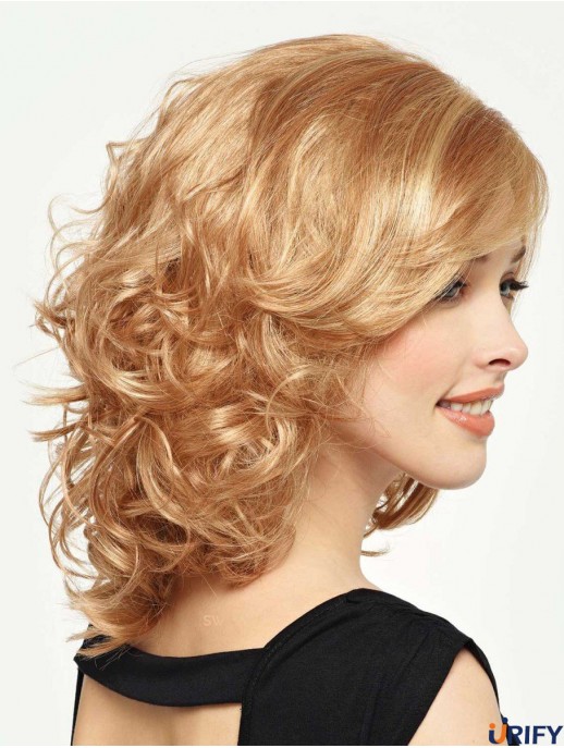 Lockige Perücke Mit Pony Schulterlange Blonde Farbe Mit Capless