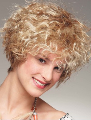 Kinnlänge mit Pony 8  inchCurly Blonde Medium Perücken