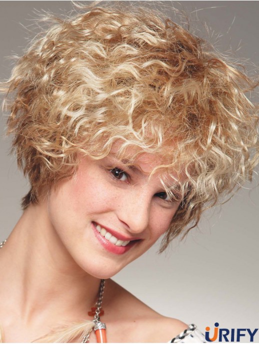 Kinnlänge mit Pony 8  inchCurly Blonde Medium Perücken