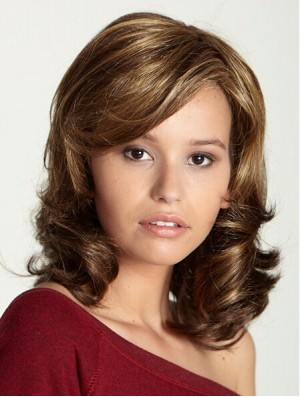 Schulterlänge mit Pony 15 Zoll Curly Brown Medium Perücken