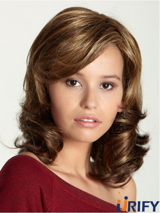Schulterlänge mit Pony 15 Zoll Curly Brown Medium Perücken