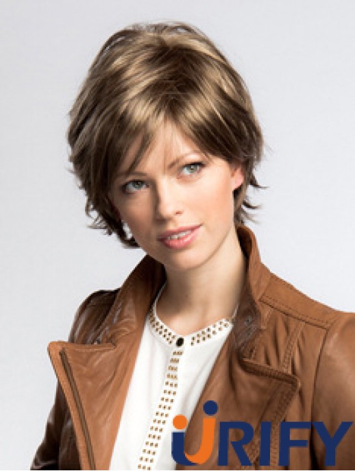Kinnlänge geschichtet 8  inchStraight Blonde Medium Perücken
