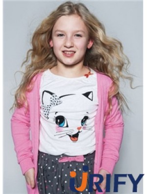 Kinderperücken zum Verkauf Blonde Farbe 100% handgebundener gewellter Stil