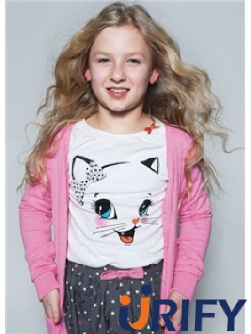 Kinderperücken zum Verkauf Blonde Farbe 100% handgebundener gewellter Stil