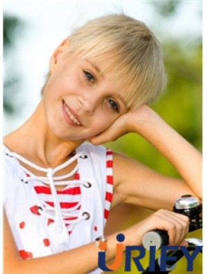 Straight Short Blonde Remy Echthaar 100% handgebundene Kinderperücken