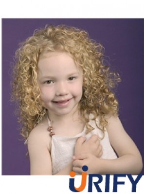 Lockige schulterlange blonde synthetische 100% handgebundene Kinderperücken