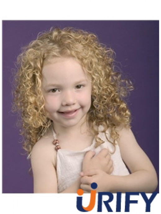 Lockige schulterlange blonde synthetische 100% handgebundene Kinderperücken