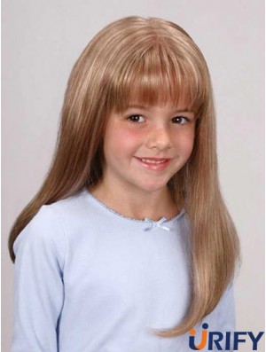Gerade lange blonde blonde synthetische Spitze vorne Kinderperücken