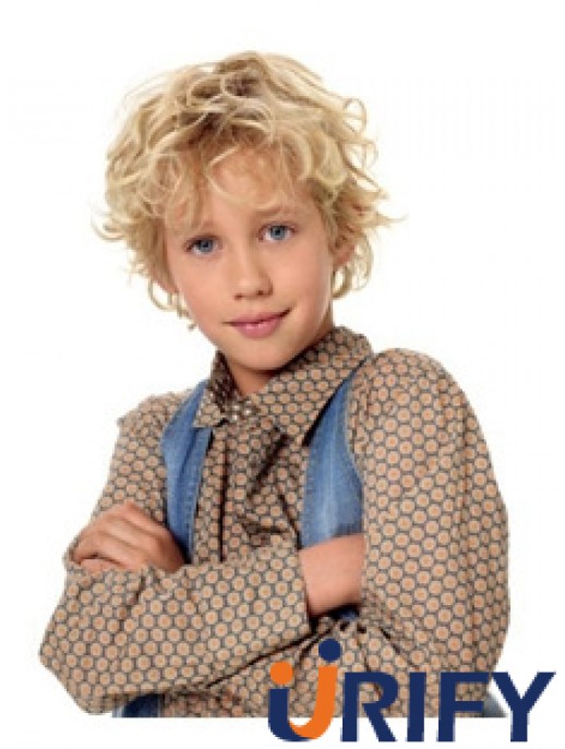 Wellige kurze blonde synthetische kappenlose Kinderperücken