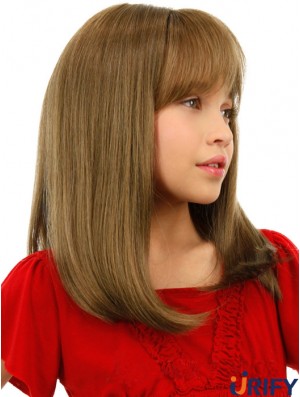 Gerade schulterlange blonde Remy Echthaar Spitze vorne Kinder Perücken