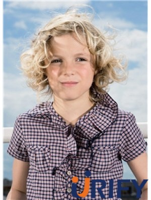Curly Chin Length Blonde Synthetic 100% handgebundene Kinderperücken
