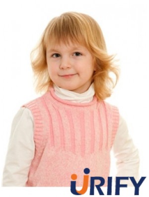 Welliges schulterlanges blondes Remy-Echthaar 100% handgebundene Kinderperücken