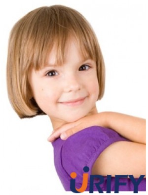 Straight Short Blonde Remy Echthaar 100% handgebundene Kinderperücken