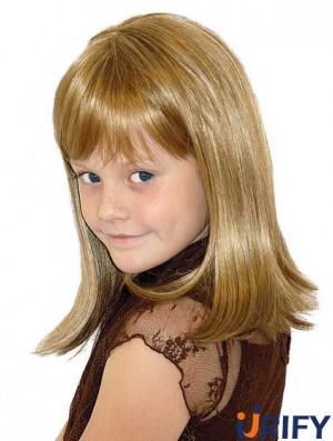 Gerade schulterlange blonde blonde synthetische 100% handgebundene Kinderperücken