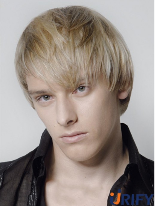 Blonde Capless Remy Mensch gerade kurze Herren Perücken UK