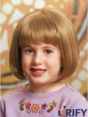 Gerade Kinnlänge Blonde Synthetic 100% handgebundene Kinderperücken
