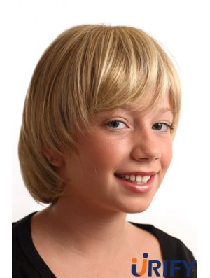 Gerade kurze blonde synthetische kappenlose Kinderperücken