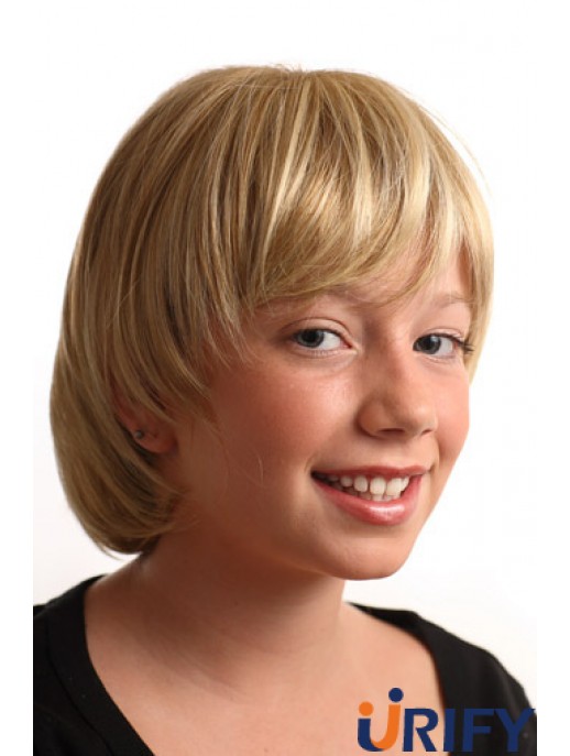 Gerade kurze blonde synthetische kappenlose Kinderperücken