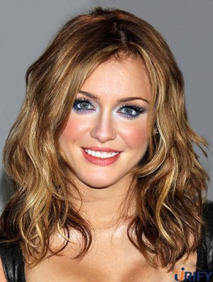 Synthetische kappenlose braune Schulter gewellte Miley Cyrus Haarperücken