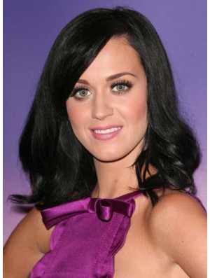 16 Zoll natürliche schwarze schulterlange gewellte geschichtete Katy Perry Perücken