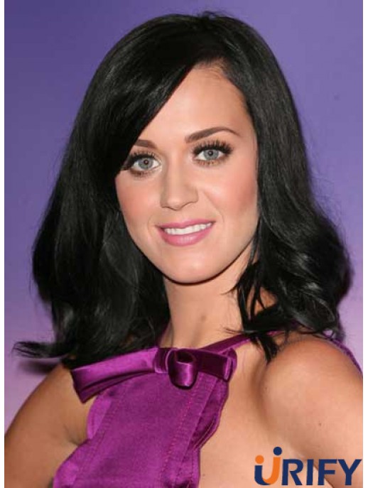 16 Zoll natürliche schwarze schulterlange gewellte geschichtete Katy Perry Perücken